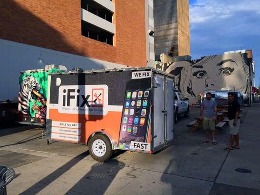 Our trailer ahead of the mural at 5th and Colorado