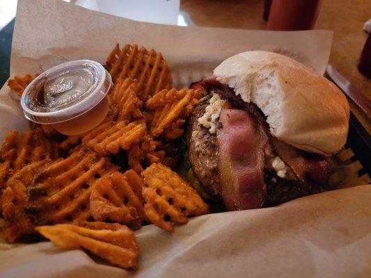 Bleu Cheese and Bacon Jam Burger with Sweet Potato Fries