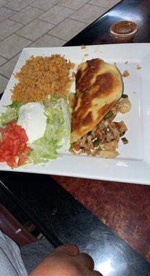 Seafood Quesadilla with rice and salad