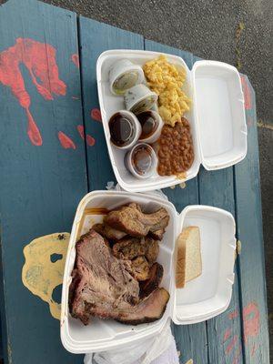 2 meat plate. Ribs, brisket, mac and cheese, and baked beans. Try the pickles, honey jalapeño deliciousness.