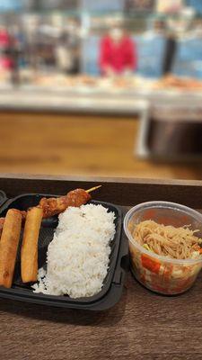 Pork bbq, lumpia, rice,  and pancit