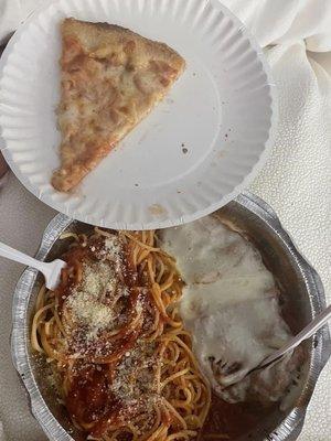 Chicken parm and pizza from a small cheese pizza