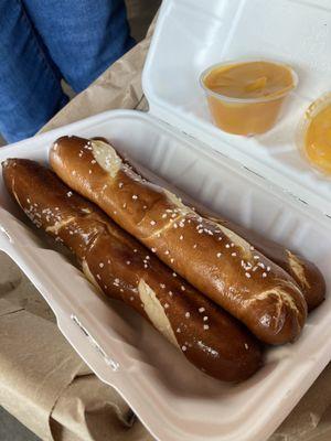 Pretzel sticks with cheese whiz not even beer cheese