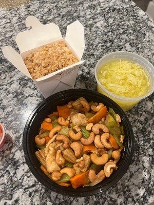 Cashew nut chicken, egg drop soup, fried rice, crab Rangoon