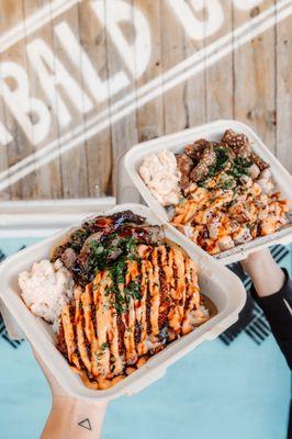 left: combo Furikake Crusted Salmon & Chopped Steak
 right: Boneless Kalbi & Pan Fried Poke