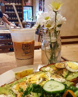 Iced coffee and avocado toast.