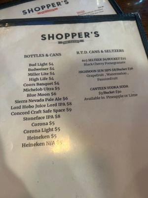 Bottle and cans menu