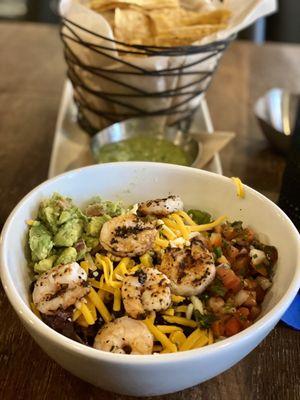 Salad Bowl + Shrimp and rice with honey vinaigrette (Chipotle vibes).