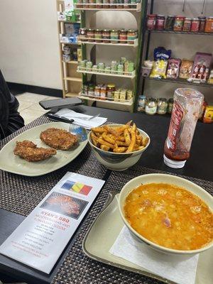 -Pork Schnitzel with Fries  -Ciorba de fasole cu ciolan afumat (Bean soup with ham hock)