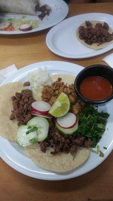 2 tacos de asada y 1 de pastor. Hand made freaking tortillas everyone