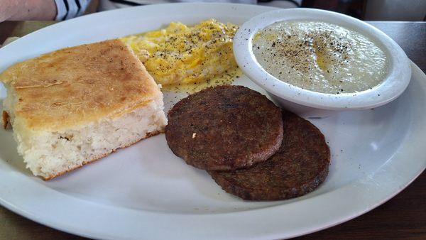 2 eggs soft (runny) with sausage, biscuit and grits.