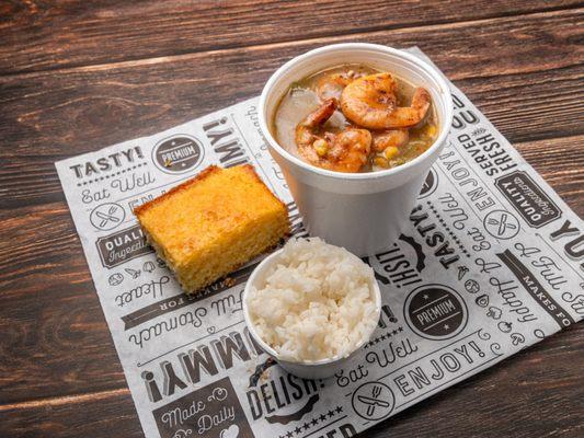 Seafood Gumbo with rice and cornbread