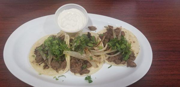 Carne Asada Street Tacos w/ side of sour cream