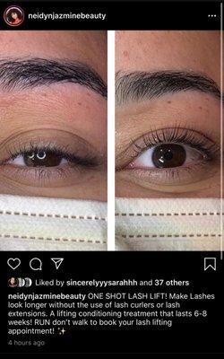 Before and after pic of a one shot lash lift!