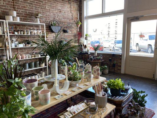 Inside the store - center table with back wall of vases and plants