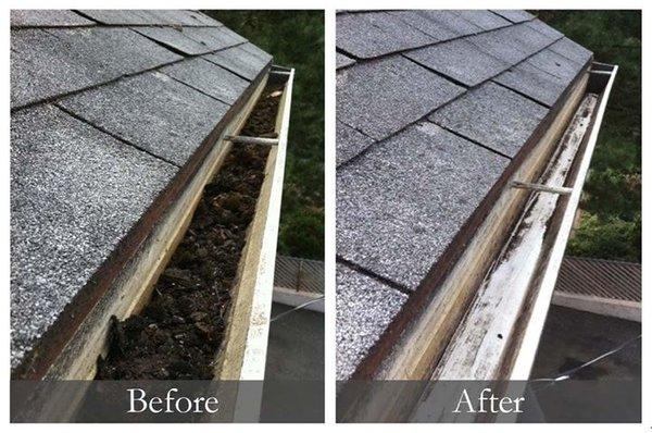 Before and after of a gutter cleaning