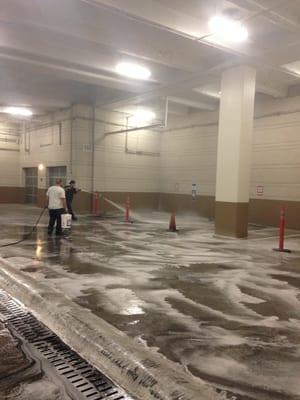 Our crews cleaning parking garages downtown to keep the property in good condition for tenants and visitors.