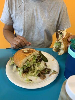 The torta de Asada on their freshly baked bolillo .  It's crispy and soft at the same time