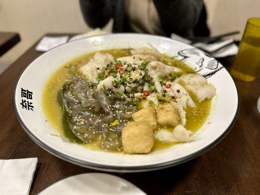 Green Pepper Sauerkraut - Sichuan peppercorns make this a mouth numbing, peppery broth, with tender sliced fish fillets and fresh vegetables