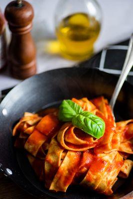 Tagliatelle home made with Tomato San Marzano, Black Truffle and Basil