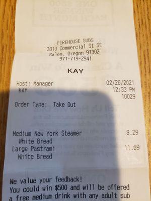 Receipt with white bread noted on the new York steamer