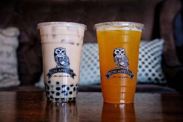 almond milk tea with boba + mango green tea