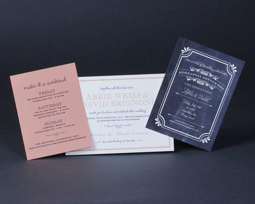 Letterpress wedding invitation with the rehearsal dinner done to resemble chalk board