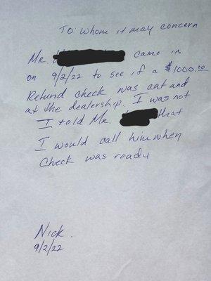 Letter from Nick promising to return $$$. Wordless liar!!!