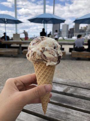 Flavor of the Record, a sweet cream ice cream mixed with deep fudge and pieces of black and white cookie