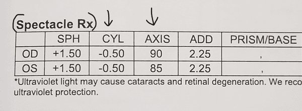 RX for glasses which includes correction for astigmatism