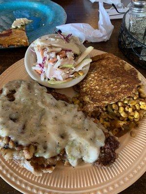 Akaushi Kobe beef steak cutlet, hand battered and covered in jalapeño gravy. Sides are grilled corn, Raspberry apple slaw.