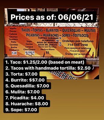 Menu: prices as of 06/06/2021