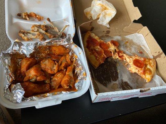 12 piece hot Whole Wings, small pepperoni pizza