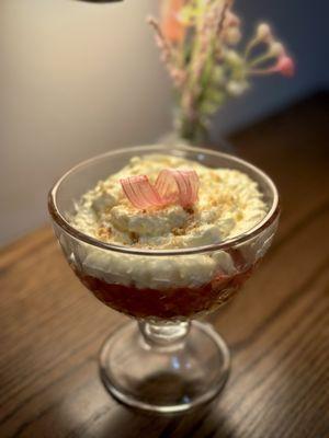 Honey cloud dessert: rhubarb compote, honey cloud cookie, and honey cremeux