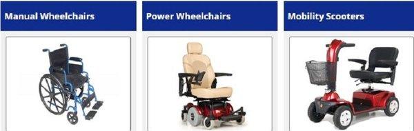 Manual wheelchairs, Power wheelchairs, Scooters