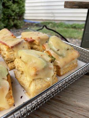 Breakfast Biscuits with ham and cheese or avocado and tomato.