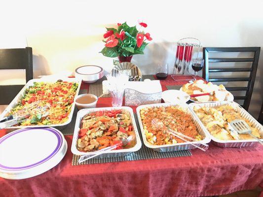 House Salad, Sausage and Peppers, Rigatoni Bolognese, Chicken Sorentino. We also had stuffed mushrooms (not pictured)