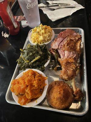 Turkey leg, greens, macaroni'n'cheese, sweet potatoes and a cornbread muffin