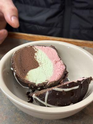 Spumoni dipped in chocolate