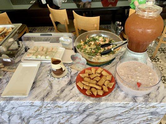 Spring Roll with peanut sauce, Lotus Salad, Banana Egg Roll, Taro Tapioca, and Viet Jasmine Sweet Tea