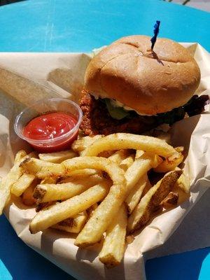 Buffalo Portobello Burger w/fries. Pretty delicious!