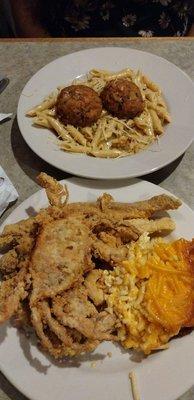 Fried seafood platter with softshell crab and the crawfish penne pasta with crab cakes