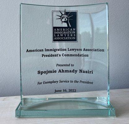 It is an immense honor to receive the AILA 2022 President's Commendations Award which was awarded for work related to serving refugees.