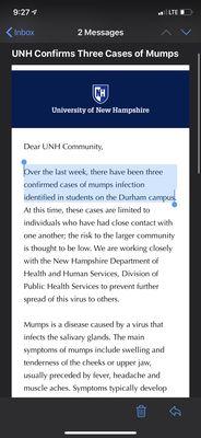 Part 1 of email: "Over the last week, there have been three confirmed cases of mumps infection identified in students on the Durham campus."