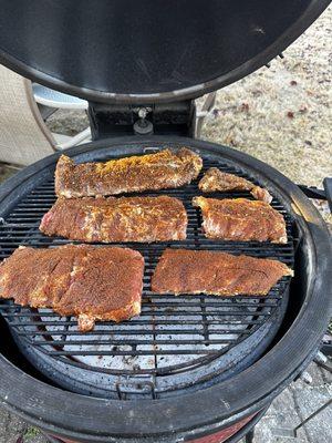 The ribs at the start of the smoking process.