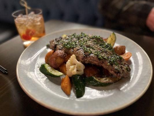 8oz Argentinian style NY Steak with potatoes and veggies