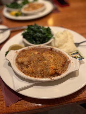 Lobster Pie, mashed potatoes and cooked spinach. Triple yum.