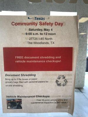 Upcoming free document shredding and vehicle checkup!