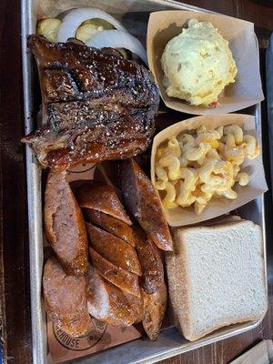 Combo 2 meats ribs and sausage. Potato salad, macaroni cheese