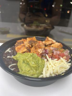 Salmon Bowl with Avocado, Rice, Beans, Pico de Gallo and Mozzarella Cheese